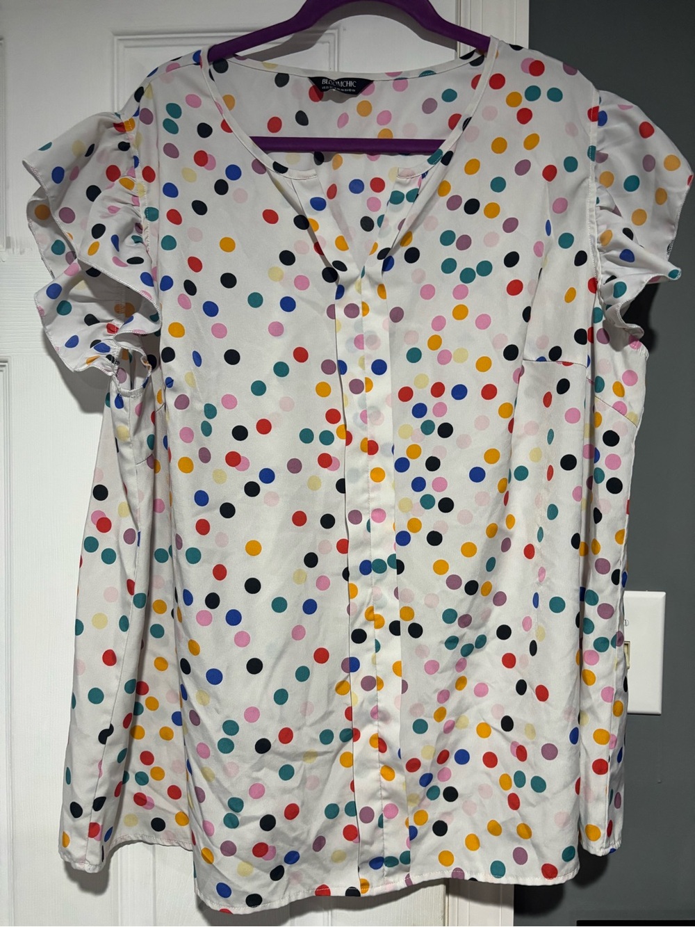 BloomChic Purple Polka Dot Dress with Pink Orange Red Black Accents